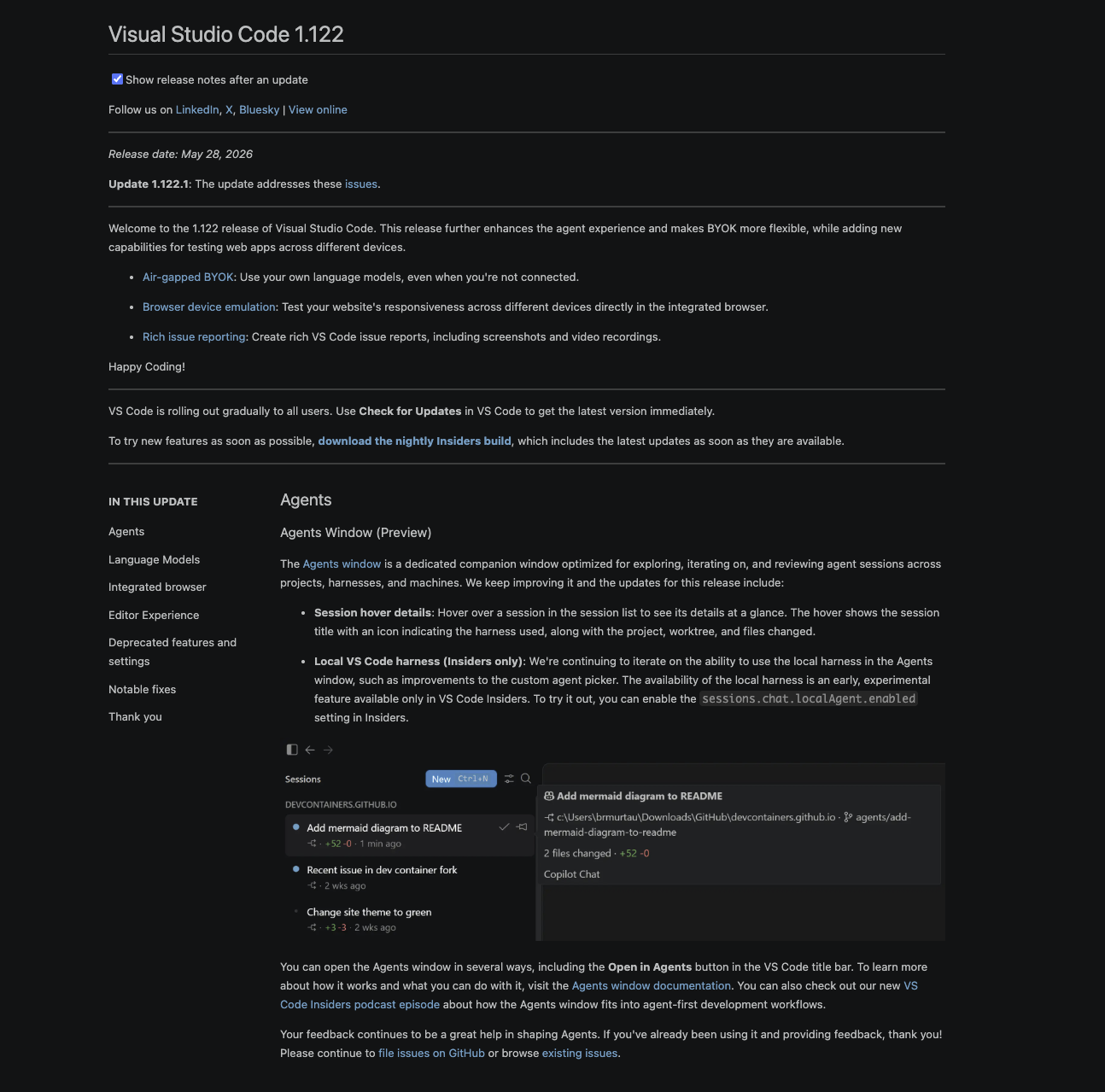 visual studio code update: ‘agents window’