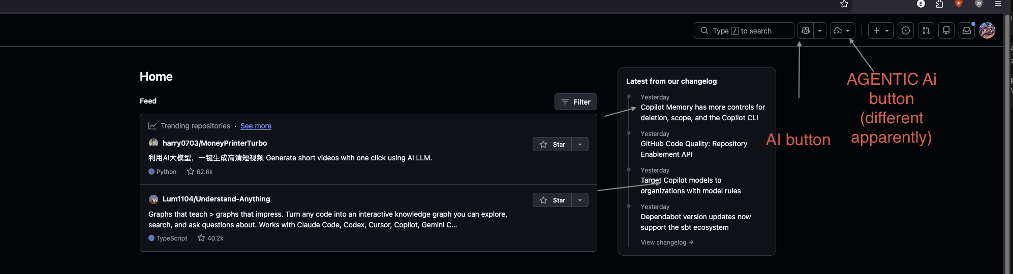 github landing page after login, with two different ai buttons