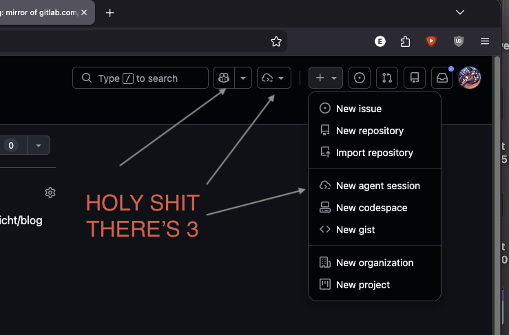 github landing page after login, with ~~two~~ three ai buttons